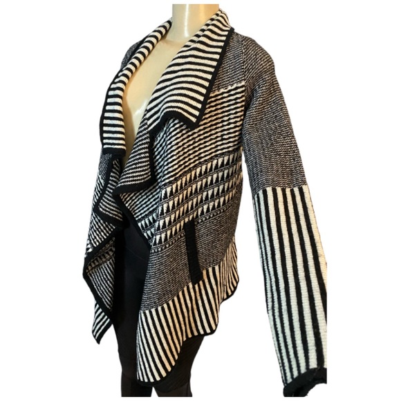 Juliette Jake Women Black Ivory Open Cardigan Striped Wool Blend Small - Picture 3 of 6